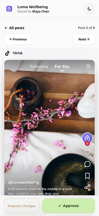 Real ApprovePost mobile review for Luma Wellbeing with the content, caption, feedback, and approve or request edits actions together