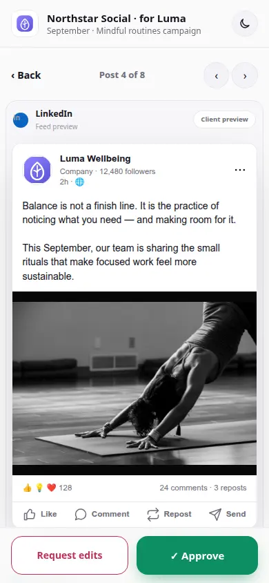Echter mobiler ApprovePost-Review für Luma Wellbeing mit Content, Caption, Feedback sowie den Aktionen Freigeben und Änderungen anfordern