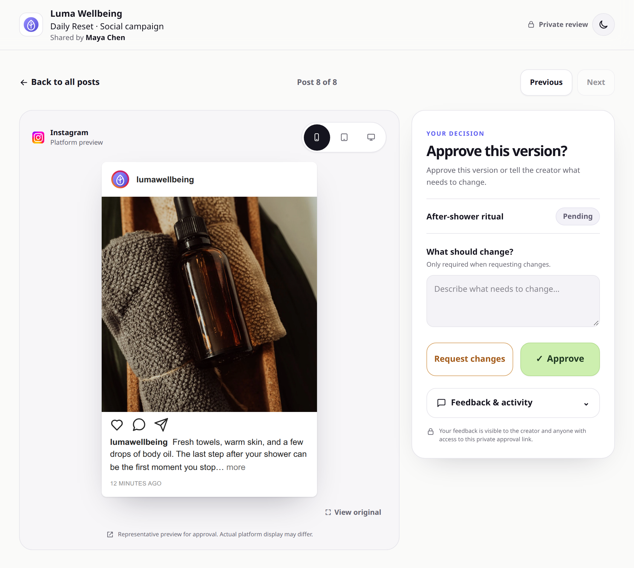 ApprovePost client review with a named post, its caption, and Approve or Request changes controls