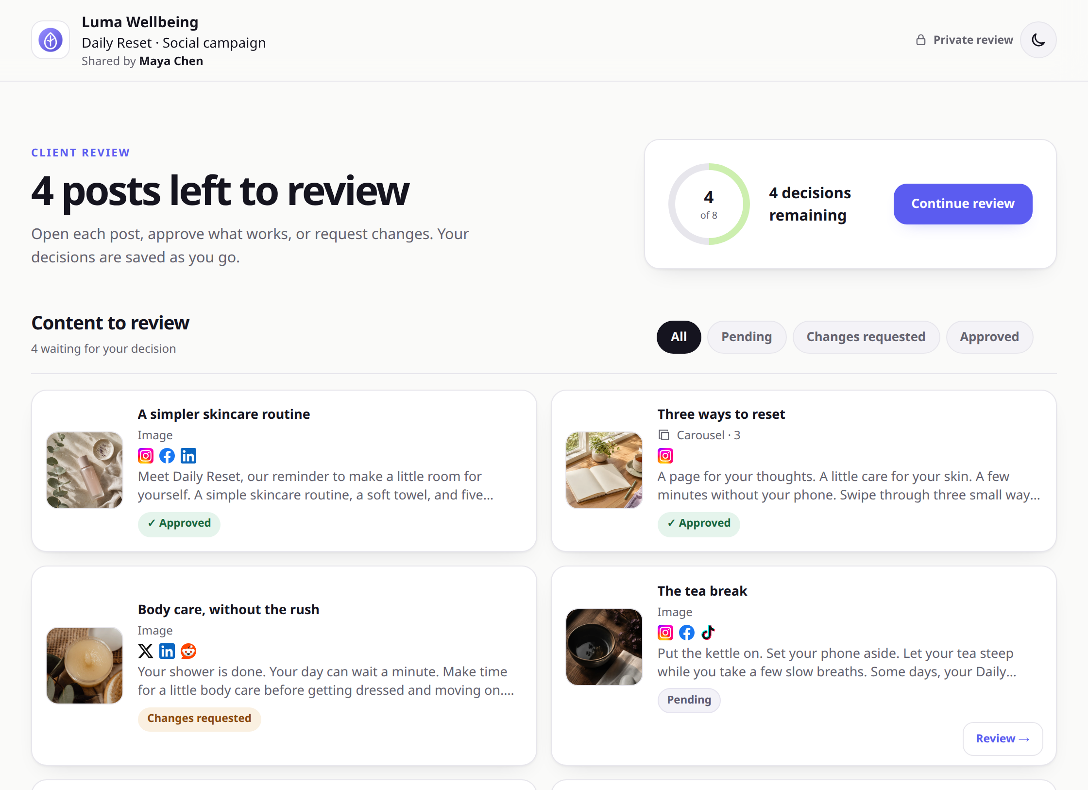 Luma Wellbeing content review in ApprovePost with approved, awaiting review, and changes requested statuses