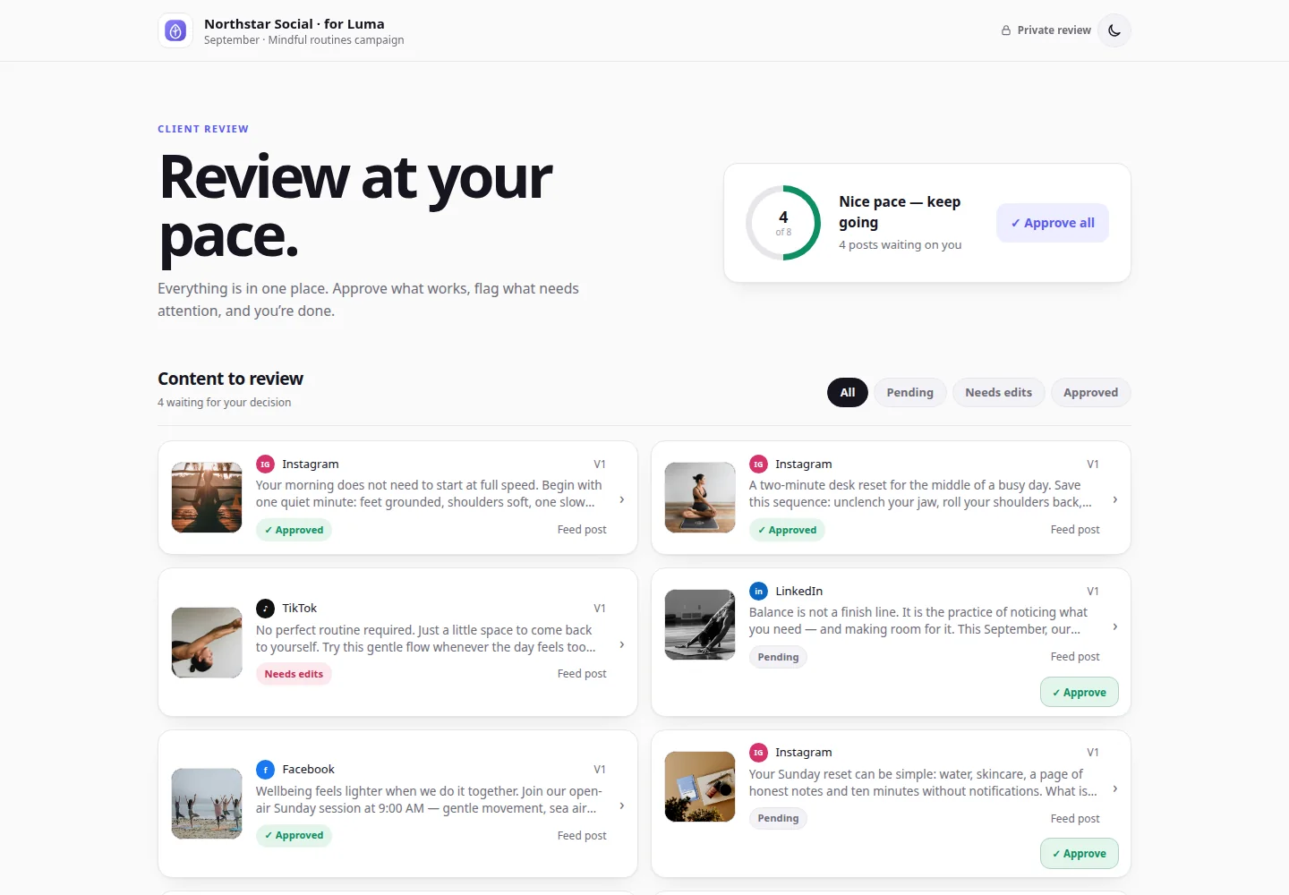 Übersicht eines ApprovePost-Kundenreviews mit acht Luma-Wellbeing-Posts und klaren Freigabestatus