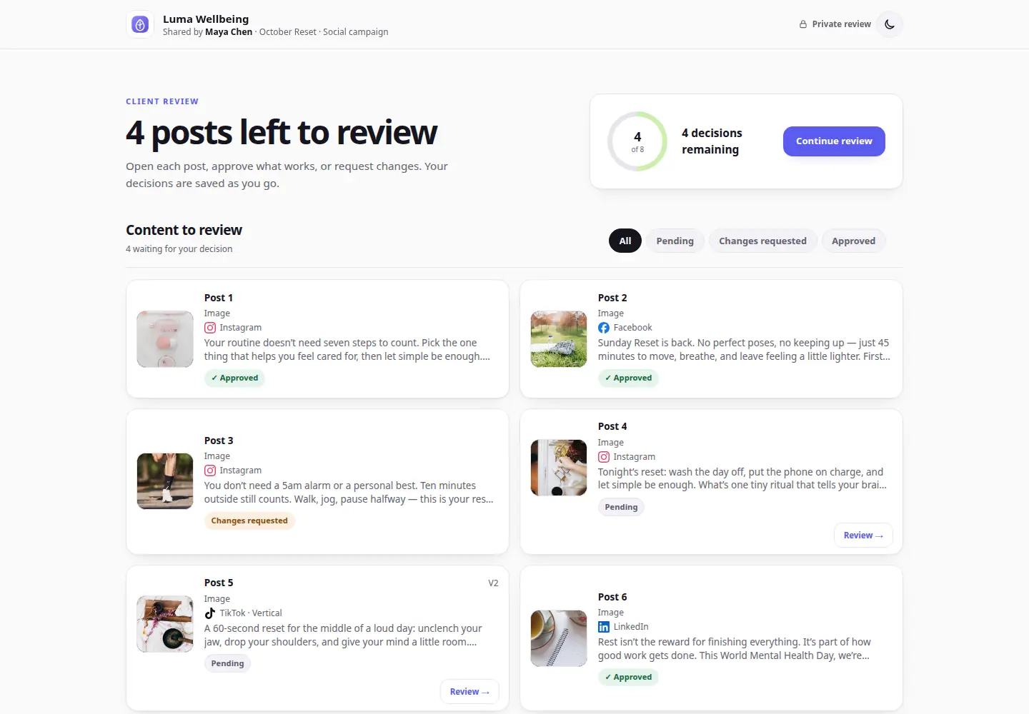 ApprovePost client review overview with eight Luma Wellbeing posts and clear approval statuses