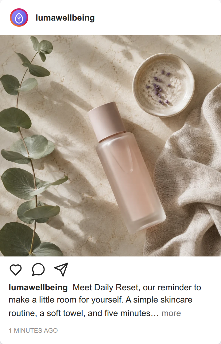 A skincare bottle on linen in a sample social post.