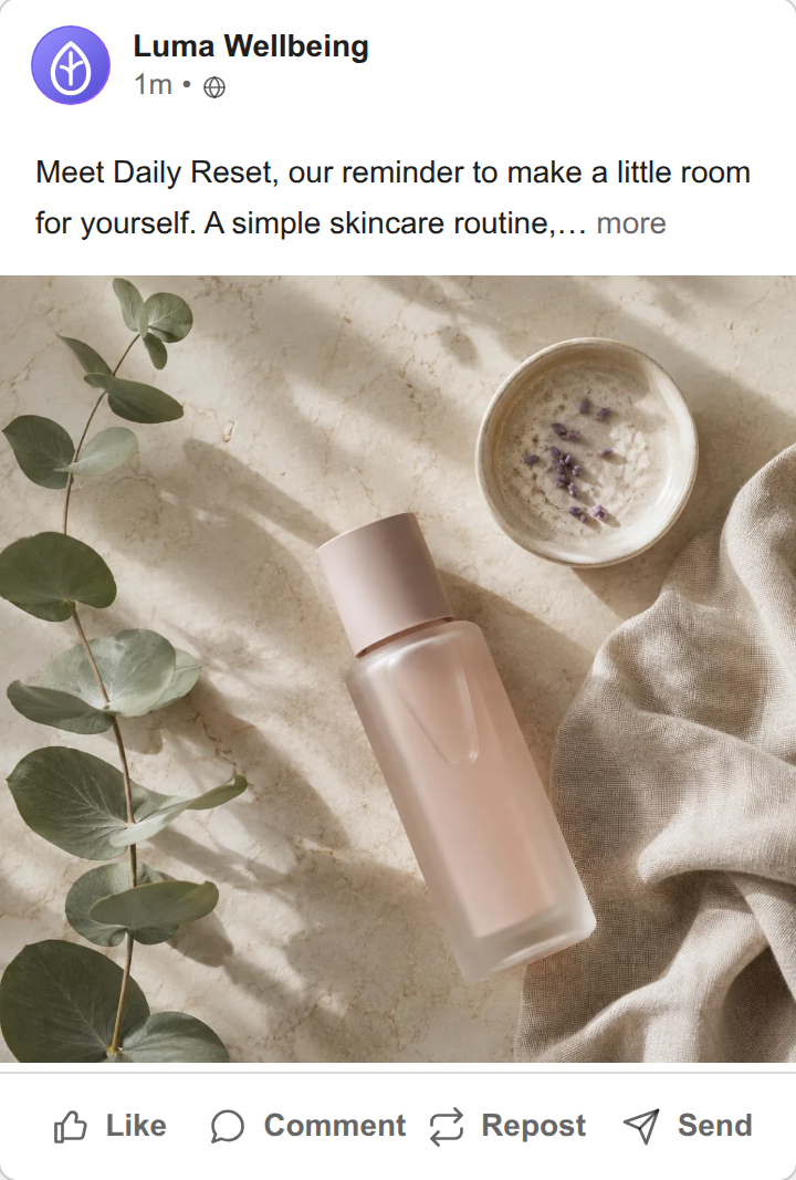 A skincare bottle on linen in a sample social post.