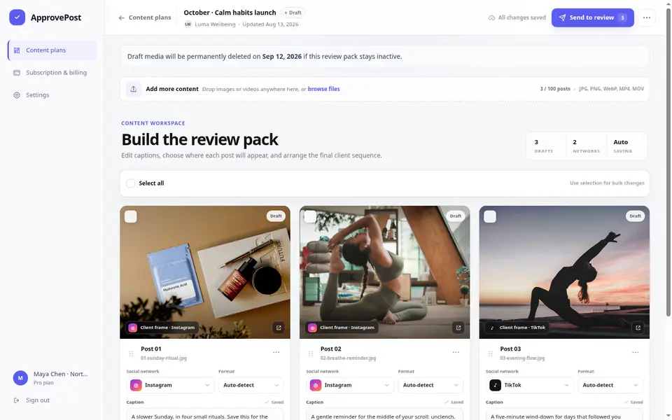 Aktueller ApprovePost Creator-Workspace mit drei realistischen Luma-Wellbeing-Entwürfen, bereit für den Review