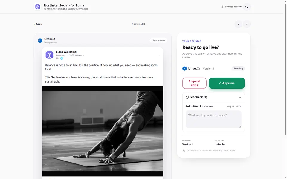 Aktueller öffentlicher ApprovePost-Review mit einem Luma-Wellbeing-Post und klaren Entscheidungen für Änderungen anfordern und Freigeben