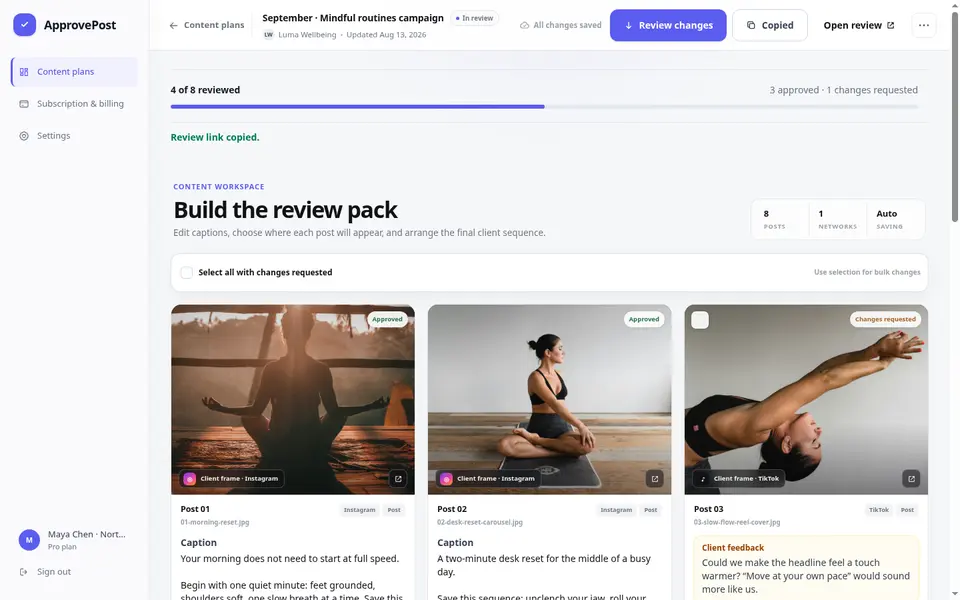 Aktueller ApprovePost-Workspace, nachdem der private Review-Link für Luma Wellbeing kopiert wurde