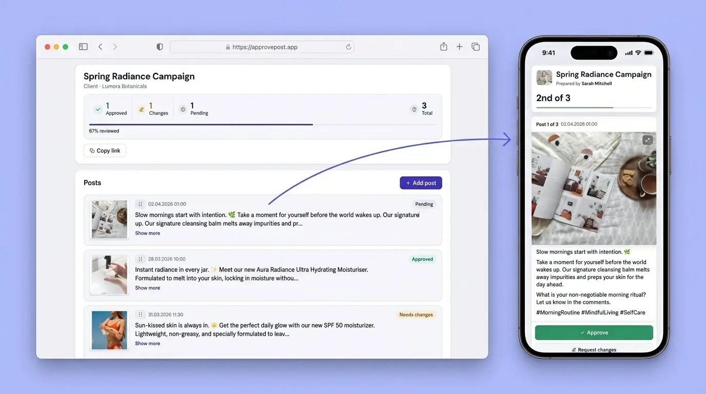 Content approval workflow - freelancer dashboard and client review page side by side